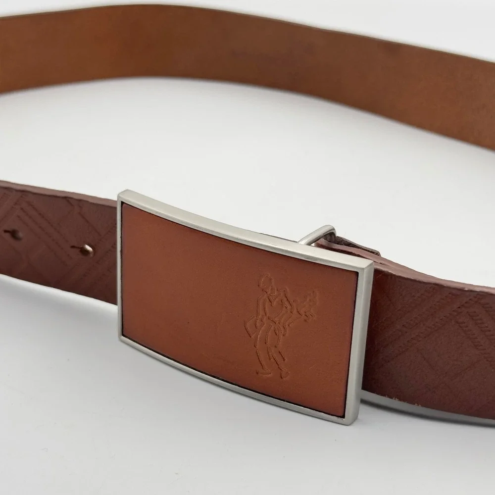 Ashworth Mens Brown Full Grain Leather Golf Belt Embossed Plaque Buckle Size 32